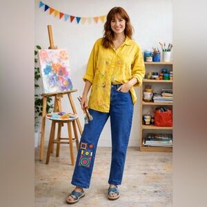 Tamorah Marie Artsy Denim Pants Size 12 Retro Geometric Patch